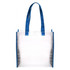 A transparent tote bag with blue handles and edges, featuring a branding logo.