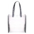 A transparent tote bag with grey handles and a minimalist design, featuring a branding logo.