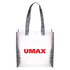 A clear tote bag with grey handles featuring a prominent red logo.