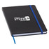 A black Chesterfield notebook with a blue elastic band and a logo on the cover.