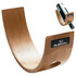 A curved wooden wine holder in a light brown finish, featuring a logo on one side.