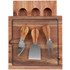 A wooden cheese board with a glass top and three wooden-handled cheese knives. The board features three knife slots.