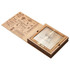 A wood cheese board with a glass top and a knife set, featuring natural tones and a branded logo.