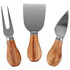 A set of three cheese knives with wooden handles and stainless steel blades, featuring a logo on the handles.