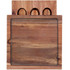 A wooden cheese board with a glass insert and three circular recesses for knives. The wood features natural grain patterns.