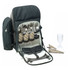 A black picnic backpack with utensils, glasses, plates, napkins, and a bottle holder. It features a checkered pattern on the holders.