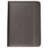 A two-tone A4 imitation leather zip compendium in dark grey with a logo on the front.