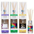 A 10ml reed diffuser set featuring three fragrances: Fresh Linen, Lemongrass, and Vanilla, in clear bottles with wooden reeds.
