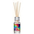 A 10ml clear glass reed diffuser with five wooden reeds and a colourful label featuring a geometric design.