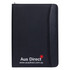 A black A4 compendium with a smooth texture and a pocket on the front, featuring a logo. Ideal for office use.