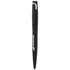 A black metal pen with a smooth body, featuring a clip and a logo.