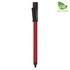 A red metal pen with a clip, featuring a logo on the barrel, presented upright against a white background.