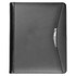 A black bonded leather compendium featuring a sleek design and a silver accent at the front. It includes a logo.
