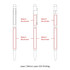 A diagram of metal Hex Pens featuring multiple printing zones and dimensions. The pen is primarily silver with red accents.