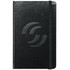 A black bound journal with a textured cover and an elastic band, featuring a logo on the front.