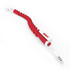 A red earbud organiser with a flexible design, featuring white accents and a logo.