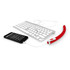 A red earbud organiser with white earphones, connected to a smartphone and a white keyboard.