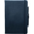 A navy blue pocket-bound journal with a textured cover and an attached pen. It features a logo on the front.