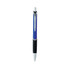 A blue and silver plastic pen with a textured black grip and a logo on the barrel.