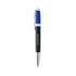 A multi-coloured twist pen featuring a blue top, black barrel, and silver accents, with a logo on the barrel.