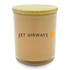 A medium relax candle in a peach-coloured glass jar with a bamboo lid and a branding logo.