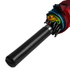 A vibrant, multi-coloured umbrella with a black handle and a sleek design.
