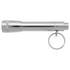 A silver flashlight with a keyring attachment, featuring a sleek and cylindrical design.