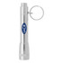 A silver flashlight with a keyring attachment and a logo. Compact design suitable for easy carry.