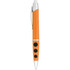 An orange plastic pen with silver accents and three black buttons, featuring a clip for attachment.