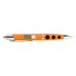 An orange plastic pen with a silver clip and three black buttons, featuring a logo.