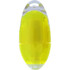 A highlighter in bright yellow with a transparent casing and a rounded shape. It features a logo.
