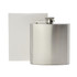 A stainless steel hip flask with a screw top, presented alongside a plain white box.