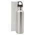 A drink bottle made of stainless steel with a black cap, presented beside its packaging.