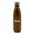 A drink bottle with a stainless steel cap and a wood-like finish, featuring a logo on the side.