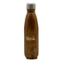 A drink bottle with a sleek wooden finish and a stainless steel cap, featuring a logo on the front.