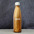 A drink bottle in a wood grain design with a metallic silver lid, featuring a logo.