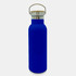 A drink bottle in a vibrant blue colour with a stainless steel top and a wooden accent. It features a logo.