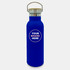 A drink bottle with a blue finish, featuring a metal lid and a logo. It holds 750ml of liquid.