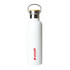 A drink bottle in white with a stainless steel lid and a wooden top, featuring a logo.