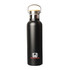 A drink bottle with a sleek black finish, featuring a metal lid and a branding logo.