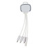A white 4-in-1 charging cable with multiple connectors and a rounded casing, featuring a logo on the casing.