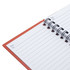A notepad featuring blank lined pages, with a spiral binding and an orange cover. It also has a logo on the front.