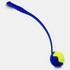 A blue ball launcher with a handle and a yellow tennis ball attached at the end. Features a branding logo.