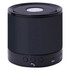 A compact black speaker featuring a mesh top and control buttons on the front. It has a sleek cylindrical design.