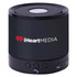 A black portable speaker with a mesh top and a logo on the front, featuring control buttons on the base.