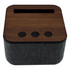 A Bluetooth speaker with a wood-patterned top and grey fabric sides, featuring three control buttons.
