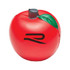 A red stress apple shaped squishy toy with a green leaf and a logo on it.