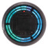 A hover soccer ball featuring vibrant blue and green LED lights, with a textured black surface and a logo.
