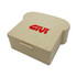 A beige lunch box shaped like a slice of bread, featuring a logo on the front.