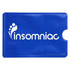 A blue RFID credit card protector sleeve featuring a logo. The sleeve has a cut-out for easy card access.